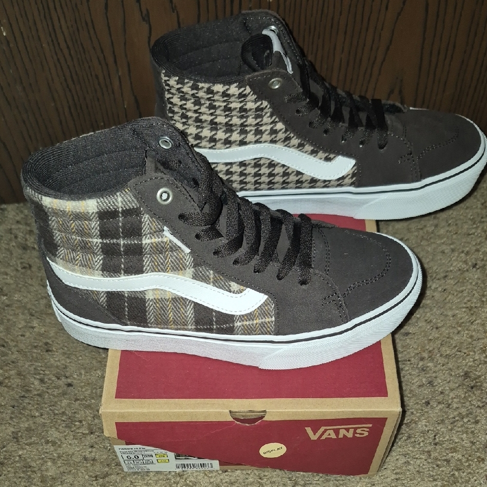 Vans Brown and White Plaid High-Top Sneakers